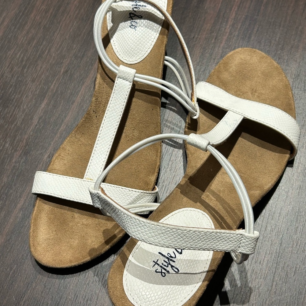 Style & Co. White and Brown Flat Sandals with Ankle Straps